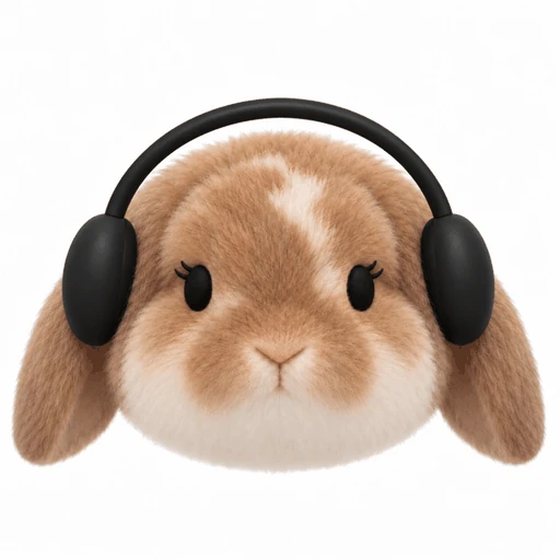 ヘッドホンをつけた茶色のたれ耳うさぎ、戦術AI Pom